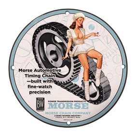 Vintage 8" Round Porcelain Sign: Morse Automotive Timing Chain Decor