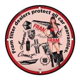 8" Round Vintage Rare Design Porcelain Sign - Fram Filters Automotive Collectible