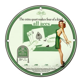 Vintage Quaker State Oil Porcelain Sign - All Aces, 8" Round Design