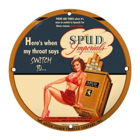 Rare 1943 Spud Imperials Vintage Porcelain Sign - Collectible Tobacco Advertising Decor
