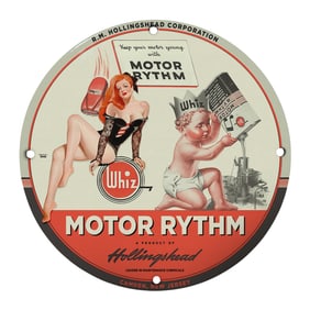 Rare 8-Inch Round Porcelain Sign - Motor Rythym by Hollingshead Corporation (1946)