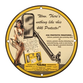 Collectible 8" Round Rare Design Porcelain Sign Featuring Vintage Protecto Mirror Artwork