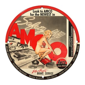 Rare 8" Round Porcelain Sign: Vintage AMCO Brake Service Advertising Collectible