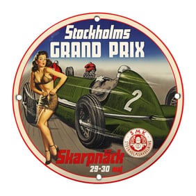 Vintage Stockholms Grand Prix 8" Round Porcelain Sign - Rare Collectible