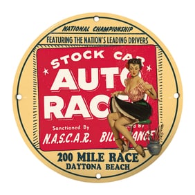 Rare 8" Round Porcelain Sign: Vintage NASCAR Auto Race Art for Collectors