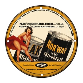 Rare 8" Round Vintage Porcelain Sign - Peak & Nor'way Anti-Freeze - Unique Collectible