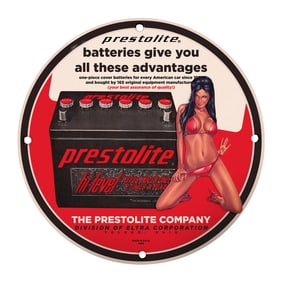 Rare 8-Inch Round Prestolite Porcelain Sign - Vintage Battery Advertising Art