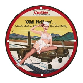 Rare 8" Vintage Porcelain Sign Featuring 'Old Hellcat' Bomber Design - Collectible Aviation Art
