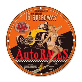 Vintage 8" Round Porcelain Sign - Indianapolis Auto Races Collectible Design