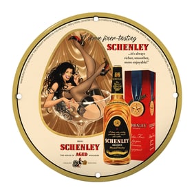 Vintage 8" Round Schenley Aged Whiskey Porcelain Sign - Rare Collectible Art