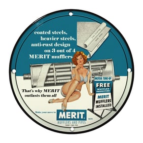 Vintage 8" Round Porcelain Sign Featuring Rare Design - MERIT Mufflers and Pipes