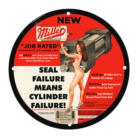 Rare 8" Miller Porcelain Sign - Unique Vintage Hydraulic Cylinder Design