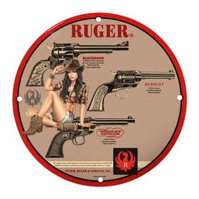 Rare 8" Round Porcelain Sign Featuring Ruger Firearms - Perfect for Collectors