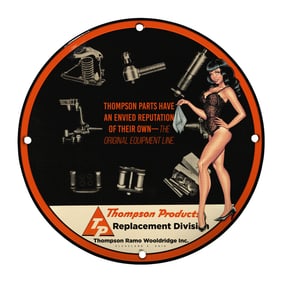 Rare 8-Inch Round Vintage Thompson Products Porcelain Sign - Automotive Art Decor