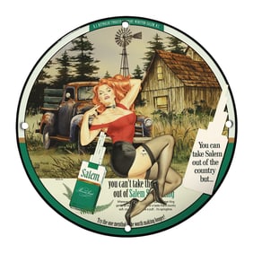 Vintage 8" Round Rare Design Porcelain Sign Featuring Salem Cigarettes