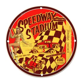 Vintage 8" Round Porcelain Sign: Speedway Stadium Racing Collectible