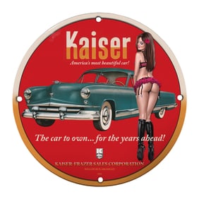 Rare Vintage Kaiser Porcelain Sign - 8" Round Collectible Art ? Iconic Automotive Memorabilia