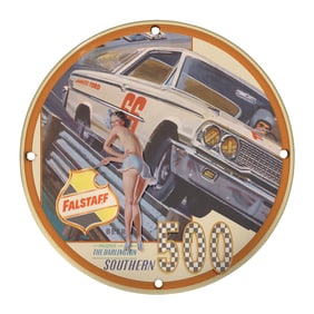 Rare Vintage 8" Round Porcelain Sign - Falstaff Beer & Darlington Southern 500 Design