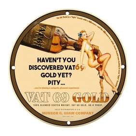 Rare 8" Round Porcelain Sign: Vintage VAT 69 Gold Blended Scotch Whisky Design