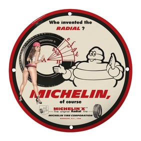 Vintage 8" Round Michelin Rare Design Porcelain Sign - Radial Tire History