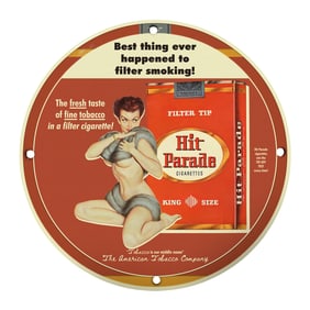 Collectible 8-Inch Round Rare Porcelain Sign: Hit Parade Cigarettes Vintage Design