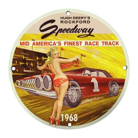 Vintage 1968 Rockford Speedway Porcelain Sign - Mid America's Finest Race Track