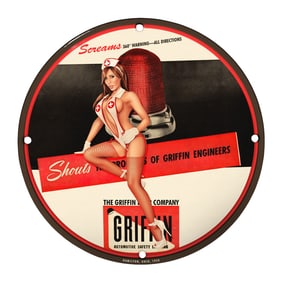 Vintage 8" Round Rare Design Porcelain Sign - Griffin Automotive Safety Collector's Item