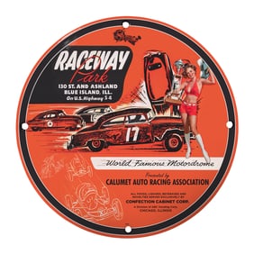 Vintage 8" Round Rare Design Porcelain Sign - Raceway Park Motordrome Collectible