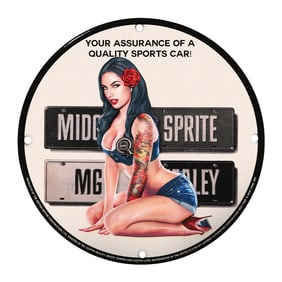 Vintage 8" Round Rare Design Porcelain Sign - MG Sprite Quality Sports Car Art