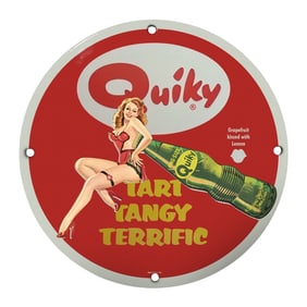 Vintage 8-Inch Round Quiky Porcelain Sign - Rare Collectible Advertising Art