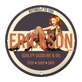 Vintage 8" Round Rare Porcelain Sign - Erickson Gasoline & Oil - Collectible Decor