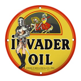 Vintage 8" Round Invader Oil Porcelain Sign: A Rare Collectible Piece