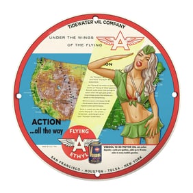 Rare 8" Round Porcelain Sign - Tidewater Oil Company 'Flying A' Vintage Design