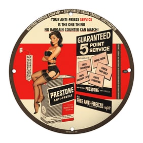 Vintage 8" Rare Porcelain Sign - Prestone Anti-Freeze Service Advertisement