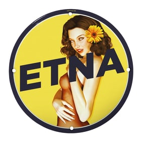 Vintage Rare 8" Round Porcelain Sign - Stunning ETNA Design Collectible Art Piece