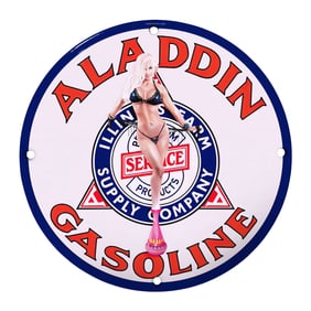 Rare 8" Round Porcelain Aladdin Gasoline Sign ? Vintage Collectible with Unique Design
