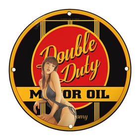 Rare Vintage 8-Inch Round Double Duty Motor Oil Porcelain Sign for Collectors