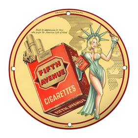 Vintage 8" Rare Design Porcelain Sign Featuring Fifth Avenue Cigarettes and Lady Liberty