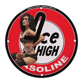 Rare 8" Round Vintage Porcelain Ice High Gasoline Sign - Collectible Decor