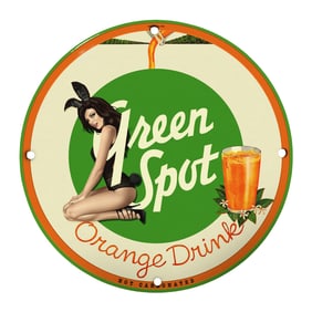 Vintage 8" Round Green Spot Orange Drink Porcelain Sign - Rare Collectible Art Deco Style