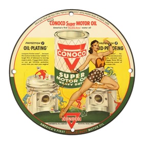 Vintage 8" Round Conoco Super Motor Oil Porcelain Sign - Rare Collectible Design