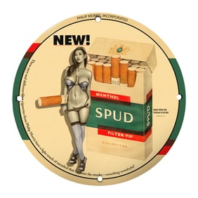 Vintage 8" Round Porcelain Sign - Rare Spud Menthol Cigarettes Design
