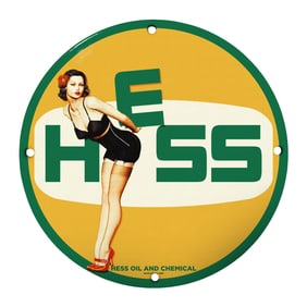 Vintage 8-Inch Round Rare Hess Oil & Chemical Porcelain Sign - A Collectible Gem for Bidders