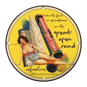 Unique 8" Round Vintage Porcelain Sign ? Rountree's Fruit Gums Retro Design