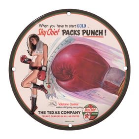 Rare Vintage 8" Round Porcelain Sky Chief Sign - Texaco Gasoline Advertising Collectible