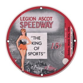 1925 Rare Design Legion Ascot Speedway Porcelain Sign - A Collector's Dream
