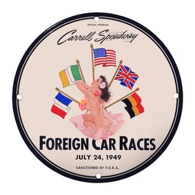 Rare 8" Round Porcelain Sign: Carrell Speedway Foreign Car Races - Vintage Design