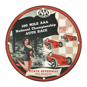 Vintage 8" Round Porcelain Sign: 100 Mile AAA Auto Race at State Speedway 1950
