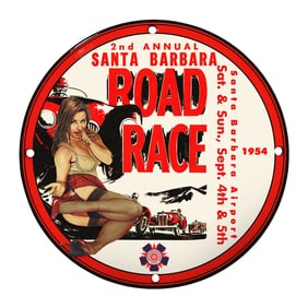 Rare 1954 Santa Barbara Road Race Porcelain Sign - Vintage Collectible for Auto Enthusiasts