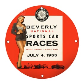 Rare 8" Round Porcelain Sign ? Beverly National Sports Car Races 1955 Vintage Design